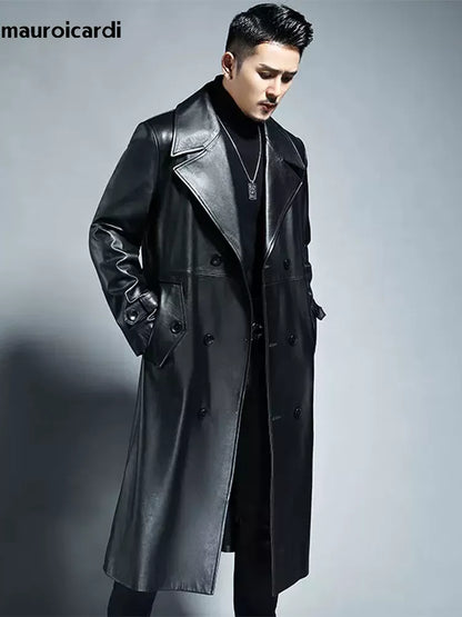 Long Cool Waterproof Black Pu Leather Trench Coat Men Double Breasted Plus Size Outerwear 4xl 5xl 2022