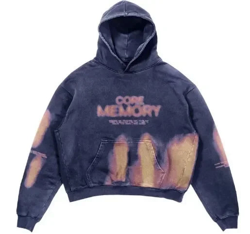 A dark purple polyester hoodie with a front pocket, featuring the text "CODE MEMORY" in the center. This Maramalive™ Explosions Printed Skull Y2K Retro Hooded Sweater Coat Street Style Gothic Casual Fashion Hooded Sweater Men's Female punk style hoodie has pinkish-orange tie-dye patterns on the sleeves and lower front.