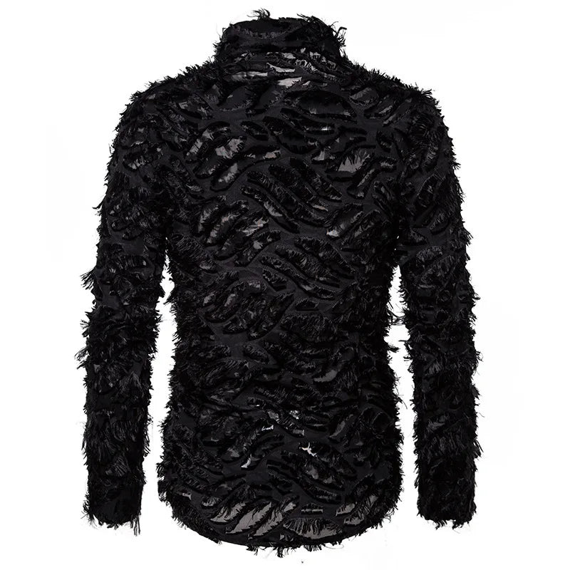 Back view of a black, long-sleeve, textured jacket featuring a pattern of irregular shapes and a rough, fuzzy surface, reminiscent of preppy style shirts. Product: New Men's Button Shirt Fashion Menswear Designer Personality Cute Clothes Street Fashion Designer Clothes by Maramalive™.