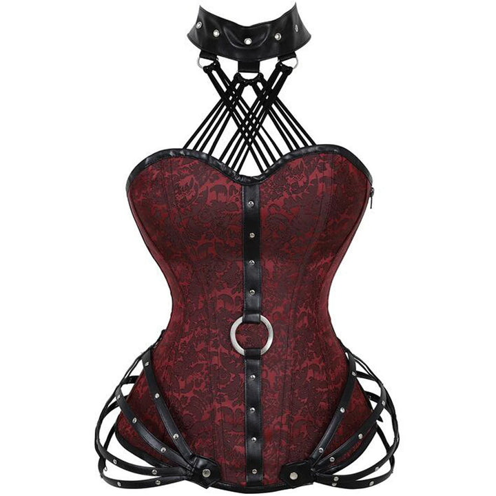 A red and black Retro Jacquard Floral Corsets Top Steampunk Women Sexy Goth Corset Overbust Gothic Bustier Bodice Femme Punk Clothing Plus Size from Maramalive™, featuring 14 plastic bones, black leather straps and rings, along with an attached collar.