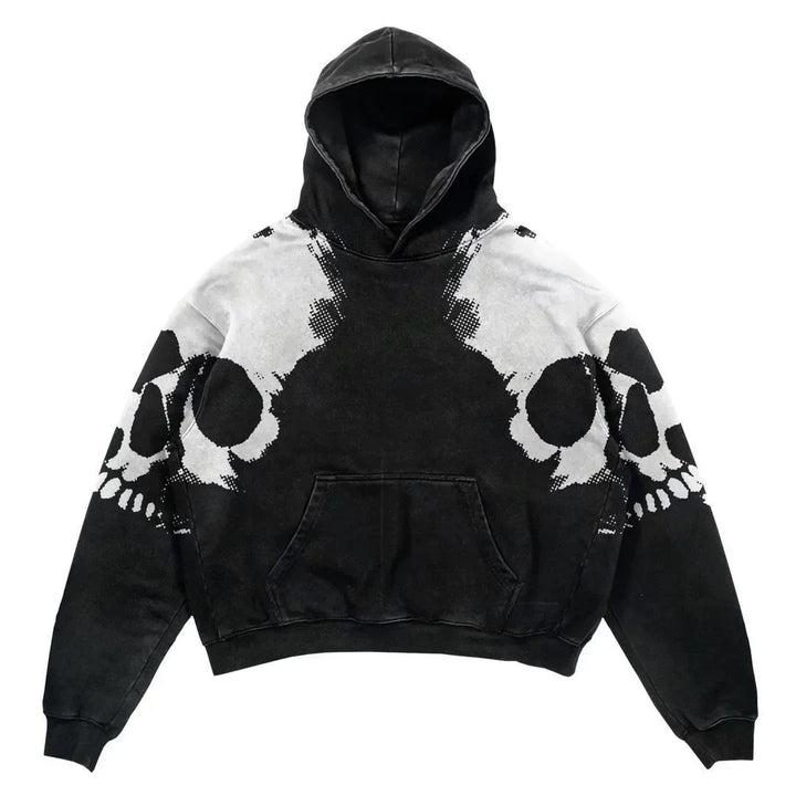 A punk style Explosions Printed Skull Y2K Retro Hooded Sweater Coat Street Style Gothic Casual Fashion Hooded Sweater Men's Female in black, adorned with large white skull designs on both the front and sleeves. This men's hoodie features a front pocket and a hood, crafted from durable polyester for lasting wear. Available at Maramalive™.