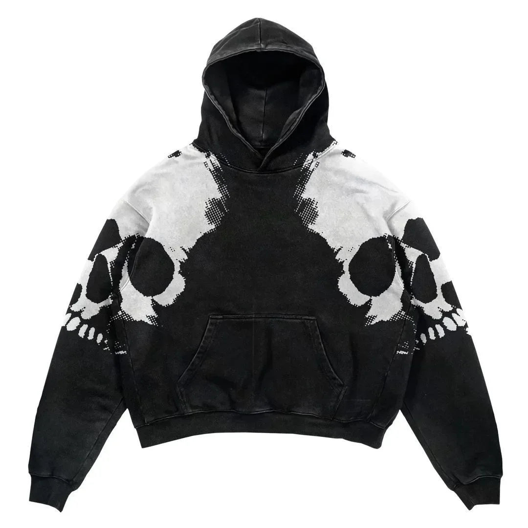 A black hoodie in punk style with a graphic design of white and black interconnected skulls on the shoulders and sleeves. This piece from men's clothing features a front pocket and a hood. The product is the Explosions Printed Skull Y2K Retro Hooded Sweater Coat Street Style Gothic Casual Fashion Hooded Sweater Men's Female from Maramalive™.