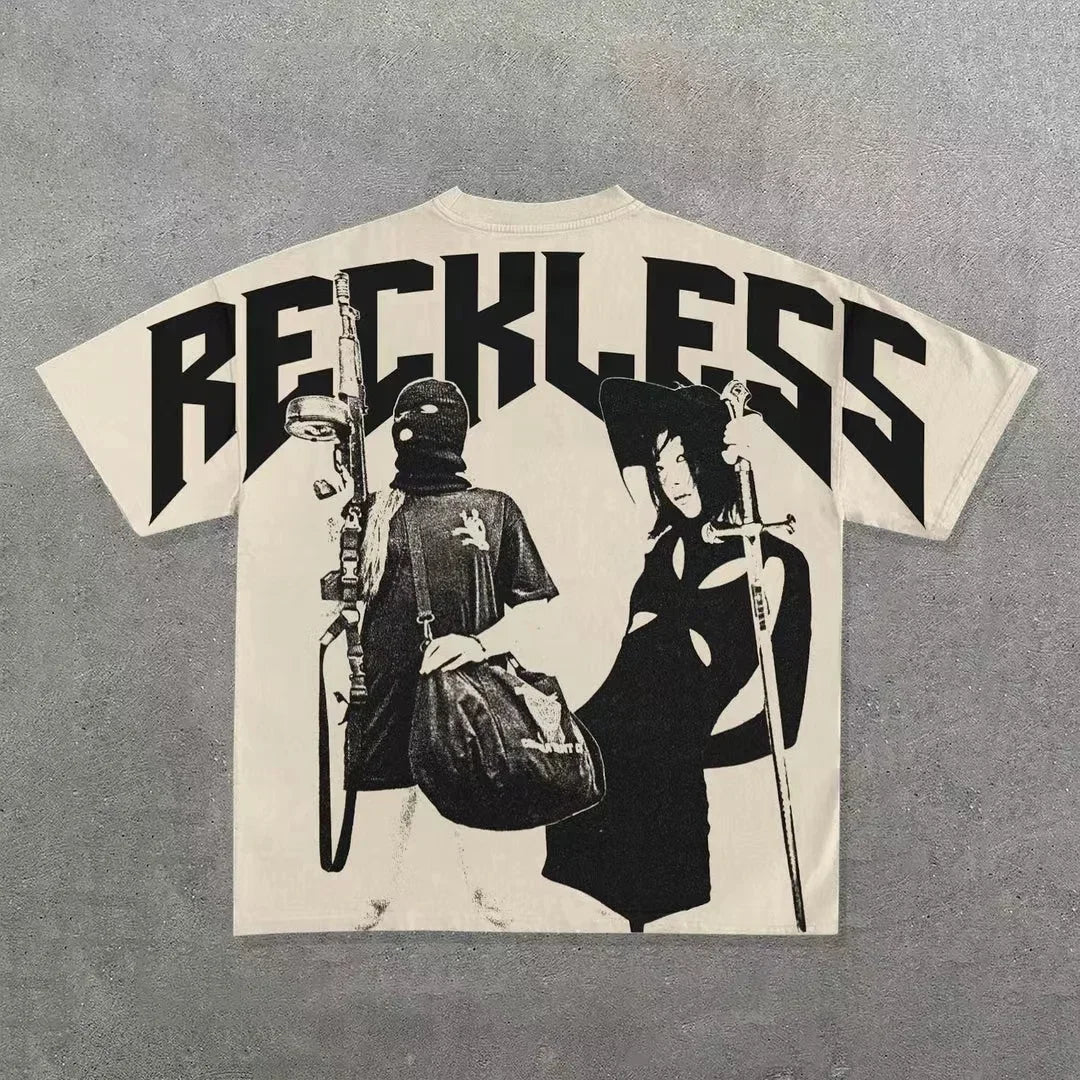 A Maramalive™ Punk Hip Hop Graphic T Shirts Mens Vintage Y2k Top Goth Oversized T Shirt Fashion Loose Casual Short Sleeve Streetwear with the word "Reckless" in bold letters at the top and a vintage Y2K graphic of two masked figures holding guns and bags on the back.