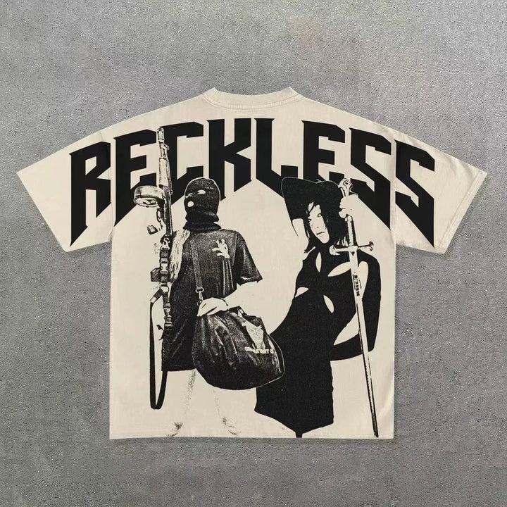 Graphic T-shirt featuring the word "RECKLESS" in bold letters with an image of two masked individuals, one holding a rifle and the other wearing a hat and holding a cane, printed on the back. This Punk Hip Hop Graphic T Shirts Mens Vintage Y2k Top Goth Oversized T Shirt Fashion Loose Casual Short Sleeve Streetwear by Maramalive™ combines edgy style with bold streetwear aesthetics.