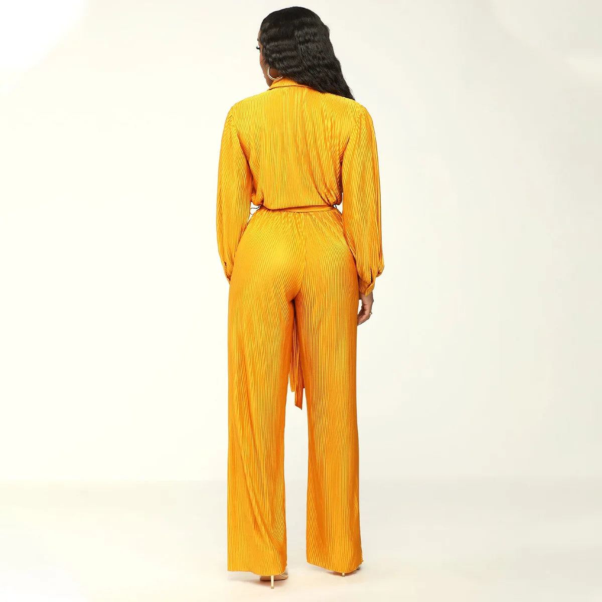 Fall Women Solid Color Button Blouse Pleated Lapel Long Sleeved Wide Leg Jumpsuit One Piece Romper Outfits With Belt