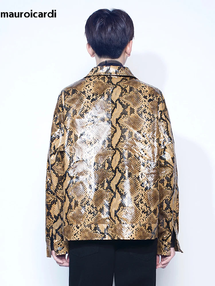A person with short hair is seen from behind, wearing a Loose Cool Shiny Colorful Snakeskin Print Pu Leather Jacket Men Luxury Designer Clothes Streetwear. The text "Maramalive™" is visible in the top left corner, perfectly complementing the youthful casual style.