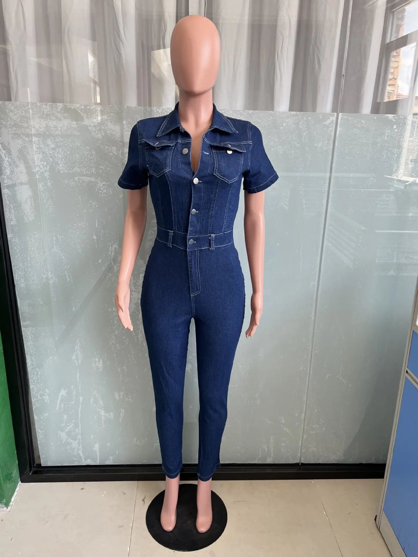 Women's Fashion Denim Jumpsuit Ladies Winter Solid Color Short Sleeved Lapel Single-Breasted Jeans Jumpsuit For Women