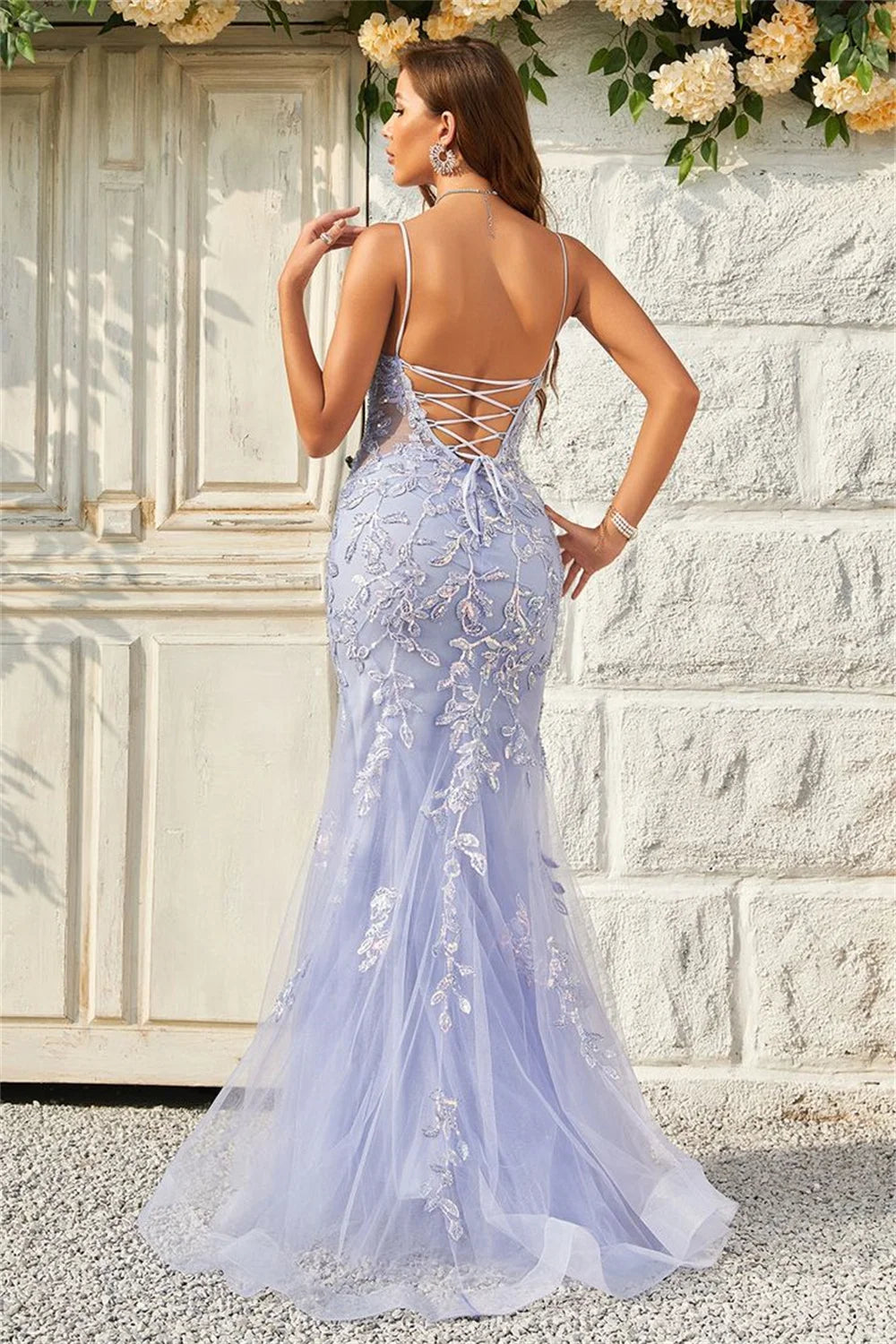 Lavender Sexy Backless Mermaid Prom Dress Spaghetti Strap vestidos de fiesta Lace Embroidery Tulle Evening Dress 2024