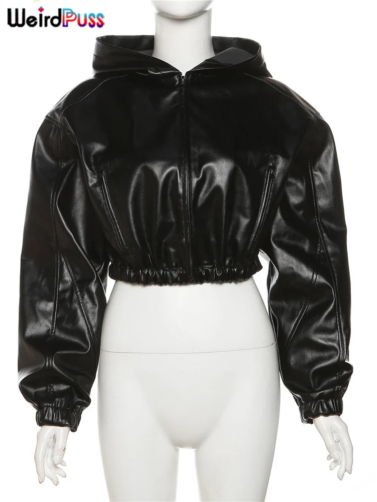 A mannequin wearing a Faux Leather Crop Jacket Women Hooded Autumn Hipster Long Sleeve Fall Hipster Trend Casual Wild Streetwear Zip Coat, perfect for Autumn/Winter. The brand name "Maramalive™" is visible in the top left corner.