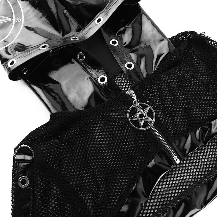 A close-up of a Maramalive™ Goth Dark Grunge Punk Fishnet Zip Up Cardigans Mall Gothic Faux Pu Hooded Crop Jackets Women Sexy Streetwear Club Alt Smock Tops with metal eyelets and a pentagram zipper pull, accompanied by a black mesh overlay, perfectly embodies Gothic fashion.