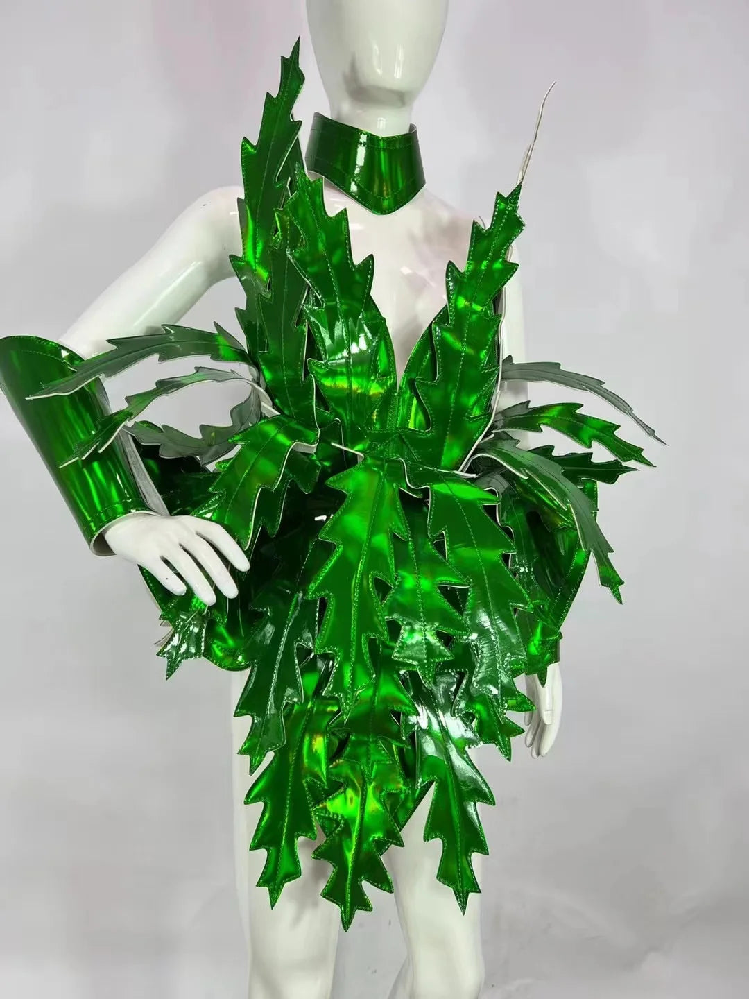 Green Laser Leather Leaf Armor Performance Suit Male Female Singer Stage Dance Gogo Party Exaggerated Design Clothing