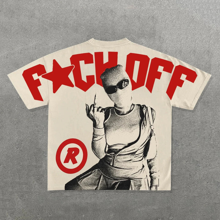 A beige Punk Hip Hop Graphic T Shirts Mens Vintage Y2k Top Goth Oversized T Shirt Fashion Loose Casual Short Sleeve Streetwear featuring a graphic of a person in a mask making a rude gesture with text "F★CK OFF" in large red letters and a red circled "R" symbol on the bottom left, evoking that bold Maramalive™ attitude.