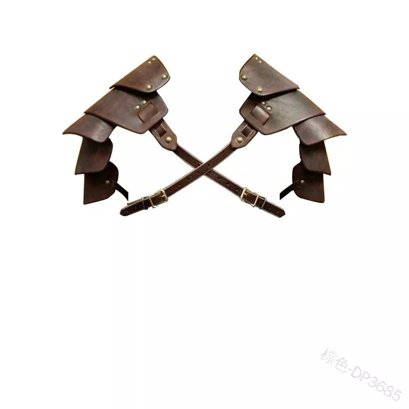 A pair of crossed brown faux leather shoulder armor pads with buckled straps, perfect for pirate costumes or cosplay use, on a white background has been replaced with the Medieval Steampunk PU Leather Cuirass Viking Knight Gladiator Pirate Cosplay Costume Chest Armor Vest Outfit Breastplate For Men by Maramalive™.