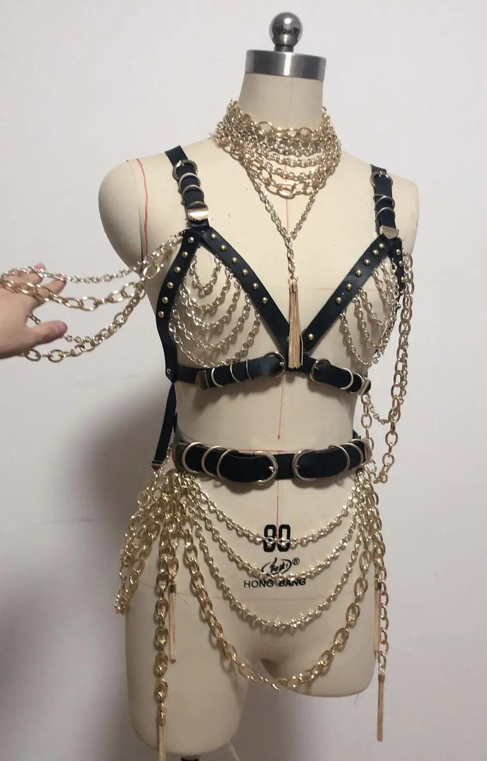 Women Sexy Gold Chains Costume Outfit Stage Performance bar Nightclub show Bra Chains Short coat nightclub stage dance wear