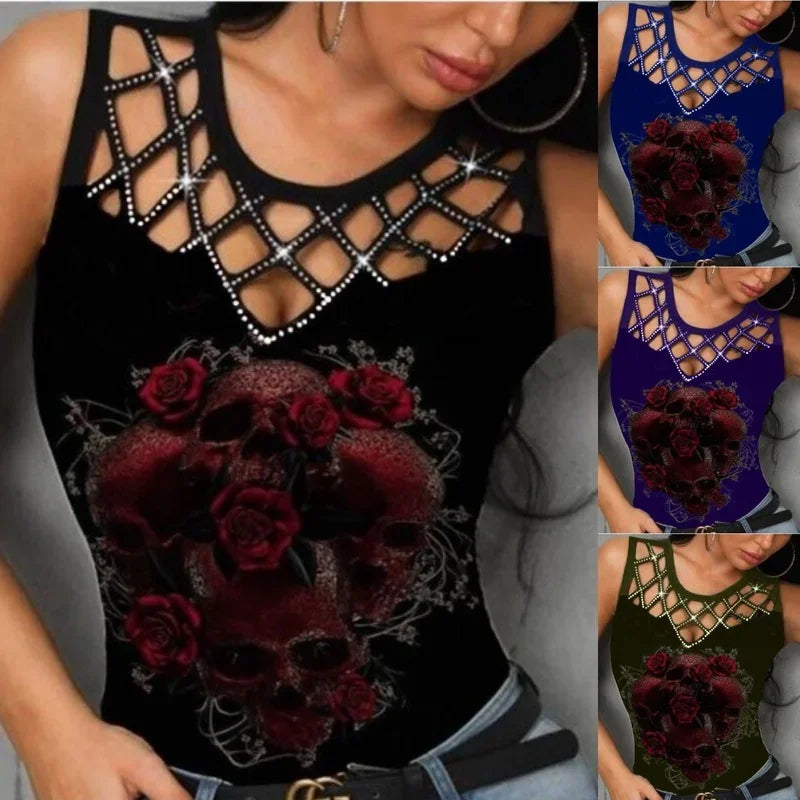 Summer New Women's T-Shirt Camouflage Print Sleeveless Fit Fashion V-Neck Lace Sexy Fashion Casual Women's Clothing