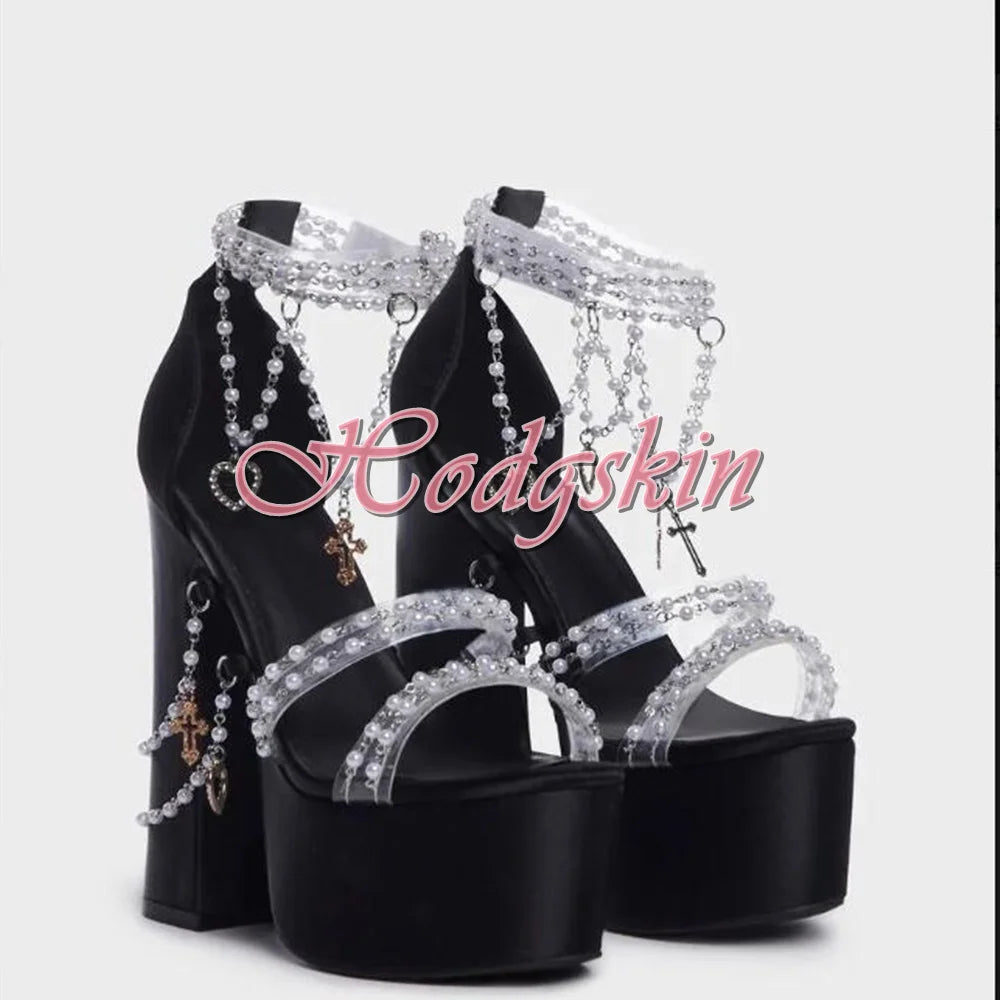 Pearl Chain Crystal Platform Chunky High Heels Solid Sexy Style Sandals