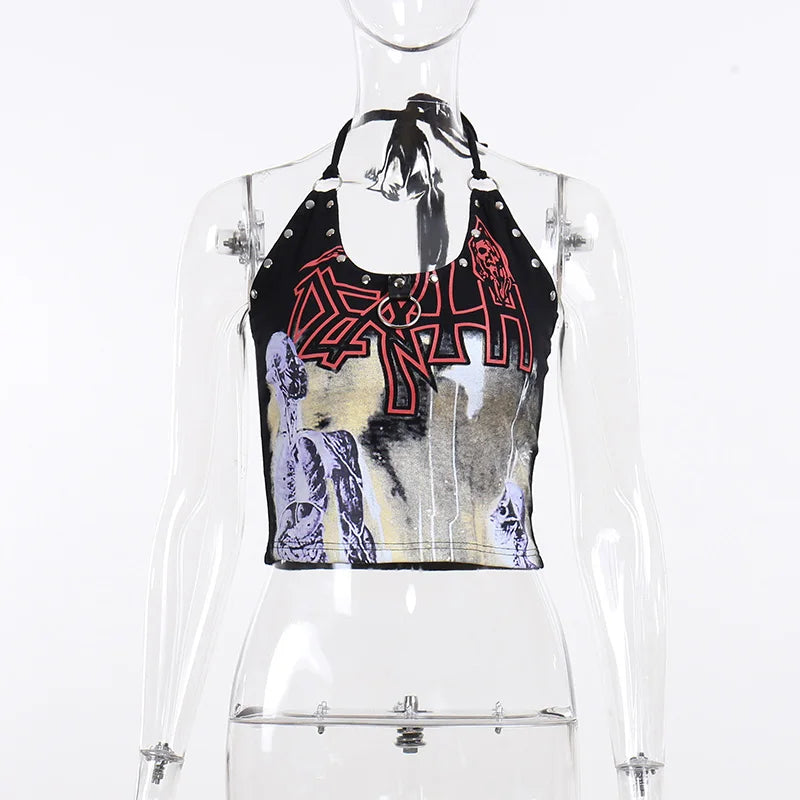 A clear mannequin wearing a Maramalive™ Goth Cross Print Lace Bodycon Crop Tops Camis Sexy Y2K Aesthetic Black Red Basic Corset Tank Top Summer Clothes for Women Girls exudes a gothic flair.