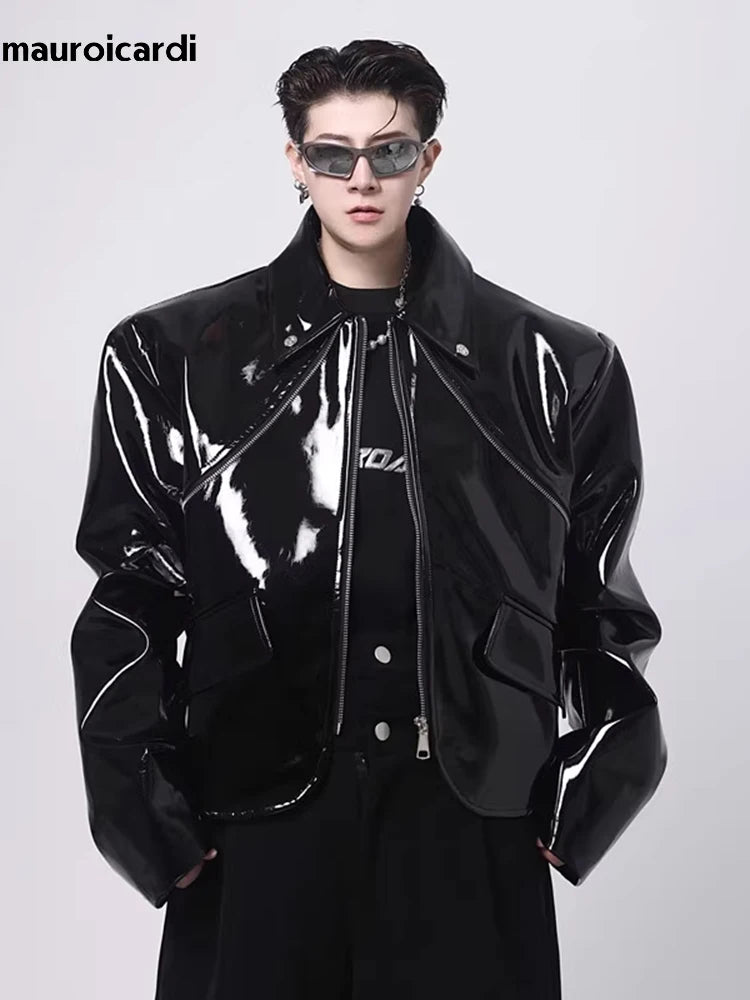 Cool Loose Short Black Shiny Reflective Patent Faux Leather Jacket Men Zipper Luxury Designer Clothes