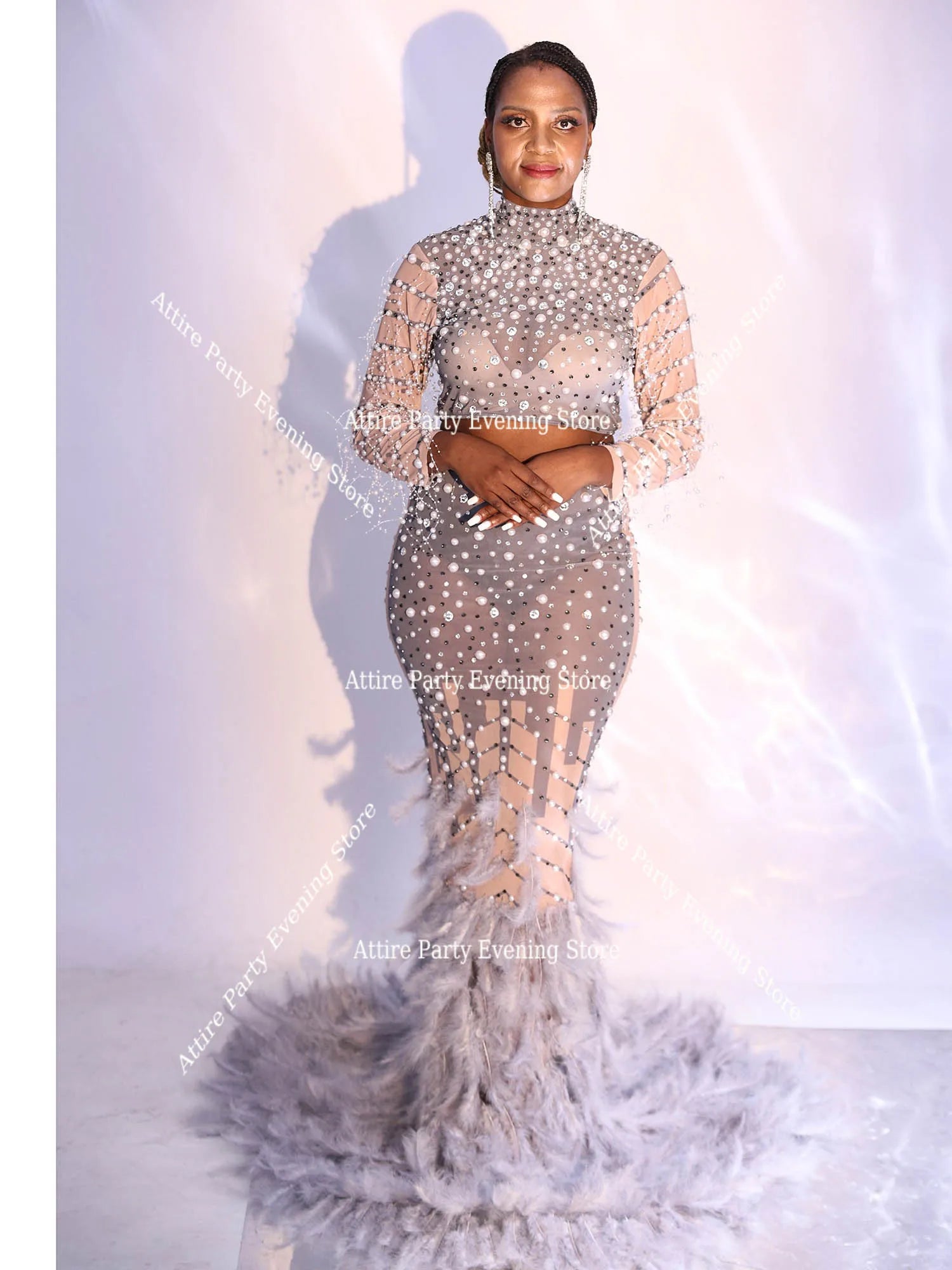 2 piece Pearls Sequins Feather Women Birthday Celebrate Evening Formal special Occasion Wedding  Dresses Dance Dress