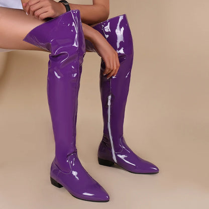 Lasyarrow 7 Low Heel Riding Boots Women's Patent Leather Over The Knee Boots in Candy Colors Size 34-48