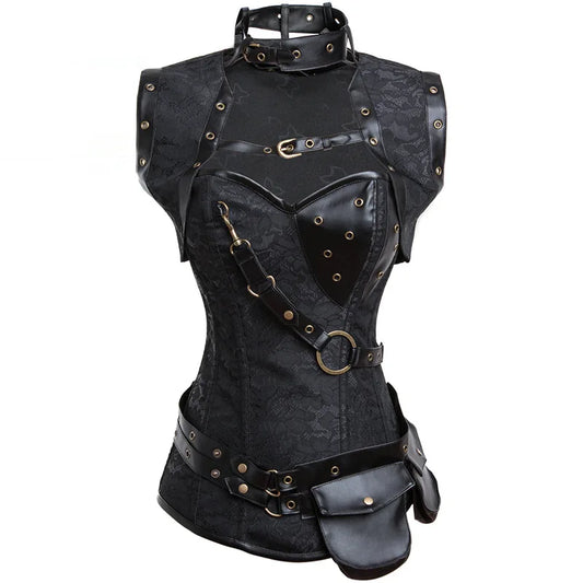 Maramalive™ Retro Jacquard Floral Corsets Top Steampunk Women Sexy Goth Corset Overbust Gothic Bustier Bodice Femme Punk Clothing Plus Size with metal studs, buckles, straps, and a small attached pouch. The design includes a collar and harness details, complemented by 14 plastic bones for structure.