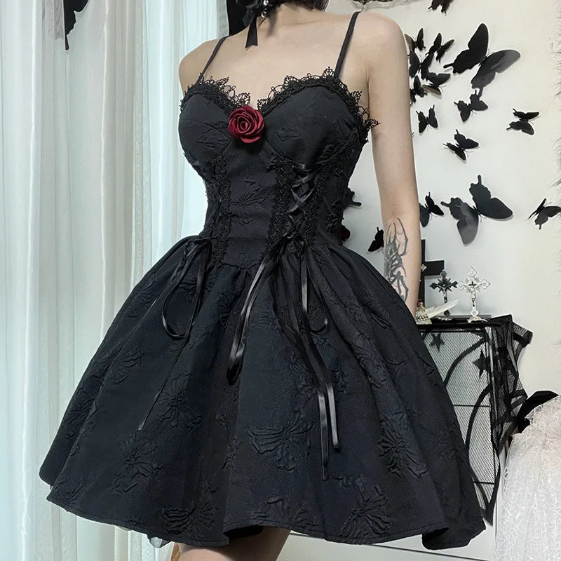 Goth Print Rose Dresses Lace Up A Line Y2K Fairy Grunge Sexy Backless Fashion V Neck Dark Academy Emo Summer Partywear