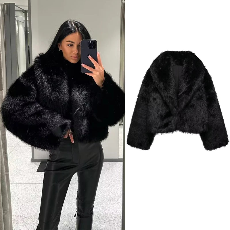 Black Faux Fur Coat for Women Autumn Winter Plush Wool Coats Black Wool & Blends Coats Outerwears Long Sleeve Warm Fur Coat