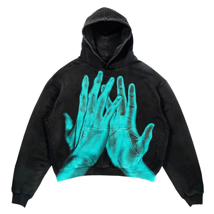 A black Maramalive™ Explosions Printed Skull Y2K Retro Hooded Sweater Coat Street Style Gothic Casual Fashion Hooded Sweater Men's Female featuring a graphic of two blue-tinted hands overlapping on the front, styled in a pattern sweatshirt retro design.