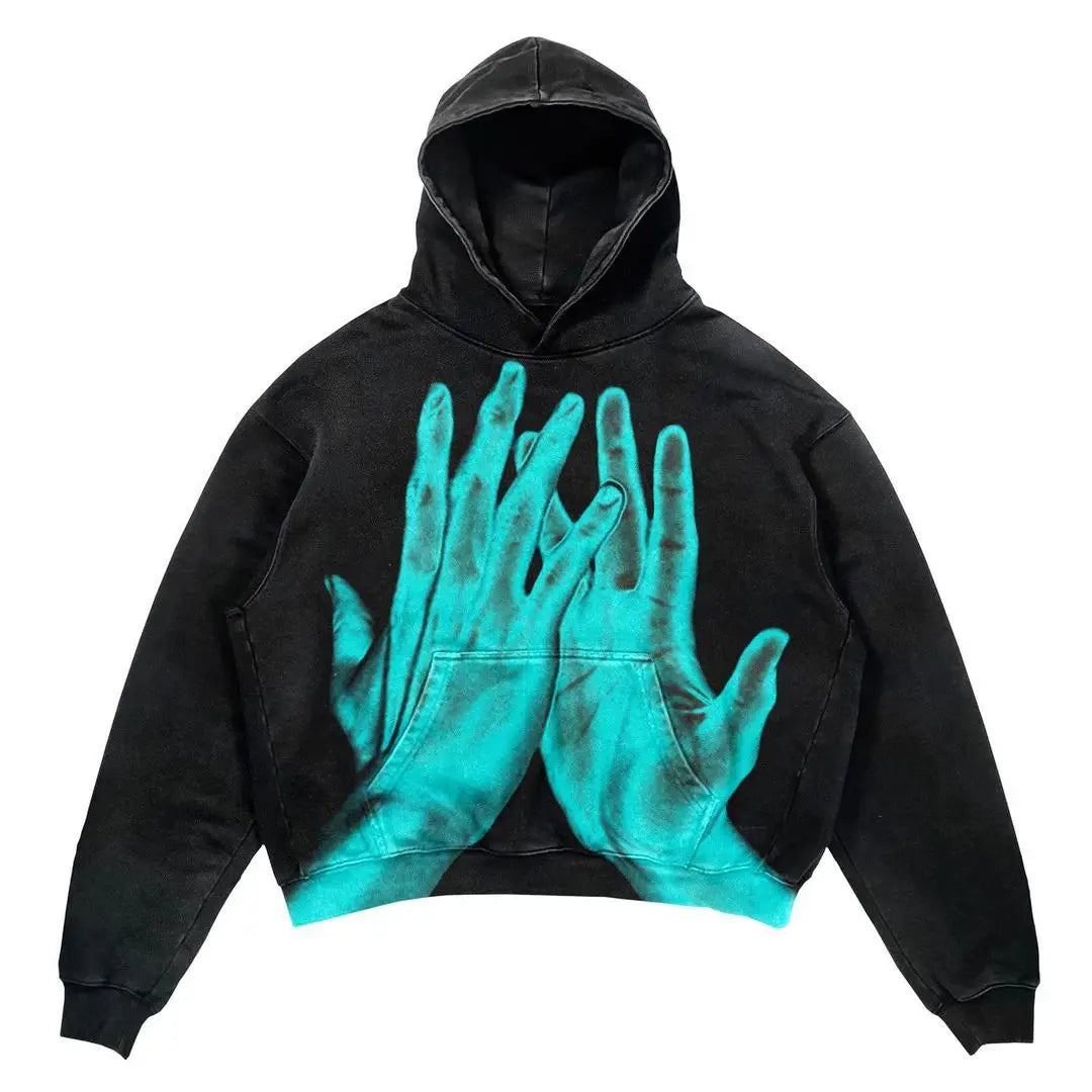A Maramalive™ Explosions Printed Skull Y2K Retro Hooded Sweater Coat Street Style Gothic Casual Fashion Hooded Sweater Men's Female with a graphic of two large, turquoise-colored hands printed on the front, embodying the vintage charm of retro hoodies.