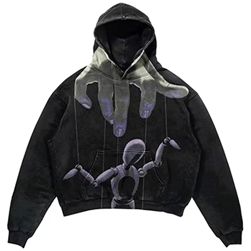 A black Maramalive™ Explosions Printed Skull Y2K Retro Hooded Sweater Coat Street Style Gothic Casual Fashion Hooded Sweater Men's Female with a retro design depicts a giant hand manipulating a marionette puppet on the front.