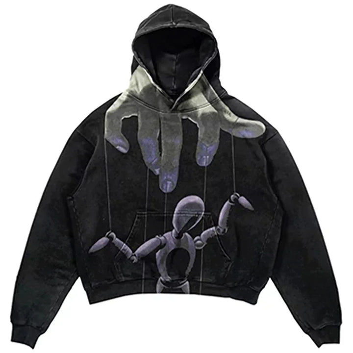 A black Explosions Printed Skull Y2K Retro Hooded Sweater Coat Street Style Gothic Casual Fashion Hooded Sweater Men's Female by Maramalive™ featuring a graphic of a large hand controlling a wooden marionette figure with strings.