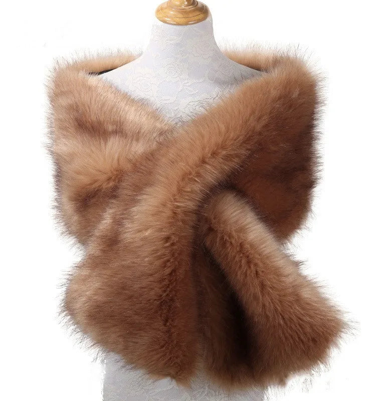 A mannequin wearing a luxurious, fluffy 42 Colors 165*28cm Brown Faux Fur Wedding Shawl Woman Party Stoles Bride Cape Cloak Winter Bridal Wrap Bolero Accessory Stock by Maramalive™ with a soft texture.