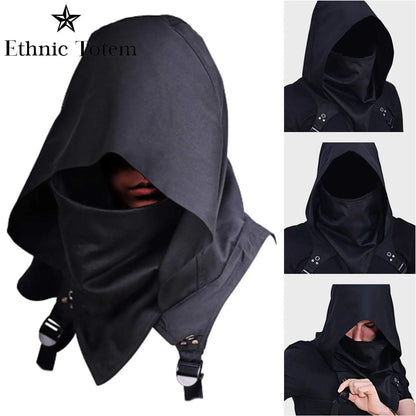 Men's Medieval Vintage Pirate Cosplay Mask Hooded Cloak Black White Gothic Punk Button Hood Face Shield Halloween Costumes