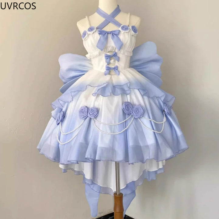 A mannequin displays a frilly, white and light blue Retro Victorian Lolita Dress Elegant Women Sweet Bow Pearl Chain Ruffles Rose Flower Dresses Kawaii Gradient Pink Princess Dress by Maramalive™ with floral decorations, layered ruffles, pearl strand accents, and a large bow at the back.