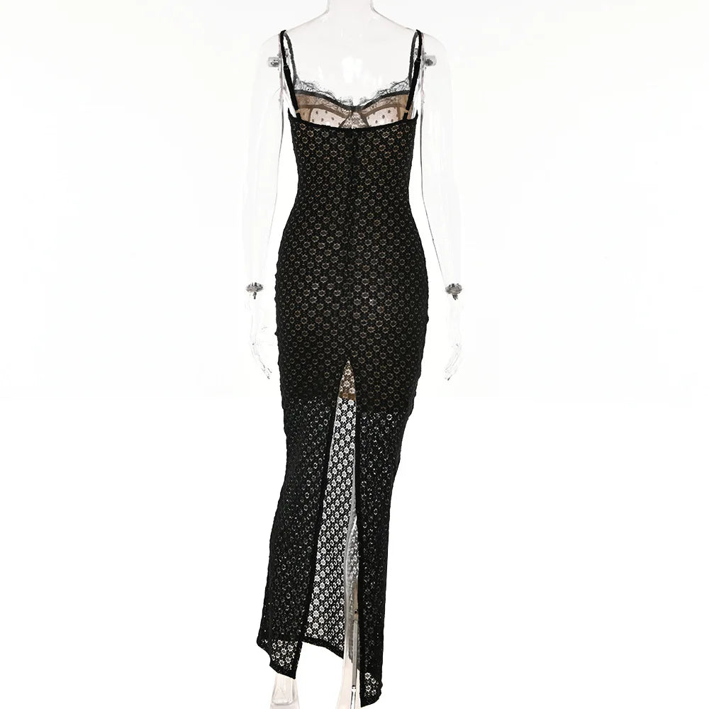 Sexy Halter Bodice Dress Fashion Lace Backless Polka Dot Dress Women's Black Floor-Length Dress Elegant Mesh See Through Dresses