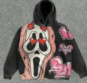 A Maramalive™ Explosions Printed Skull Y2K Retro Hooded Sweater Coat Street Style Gothic Casual Fashion Hooded Sweater Men's Female featuring a large cartoonish, screaming face with heart eyes on the front and various heart designs with the text "Maramalive™" and "Love I Lust" on the sides. Perfect for four seasons wear, this piece is a standout in MEN's fashion.