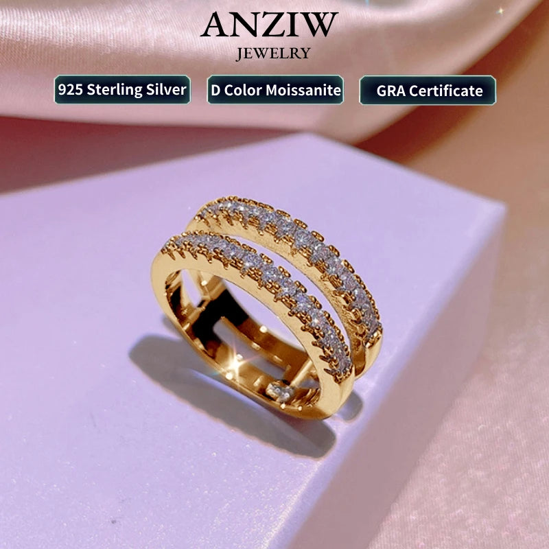 Yellow Gold Plated Rings Real 925 Silver D Color VVS1 Moissanite Ring Double Row Engagement Wedding Bands For Women Jewelry Gift