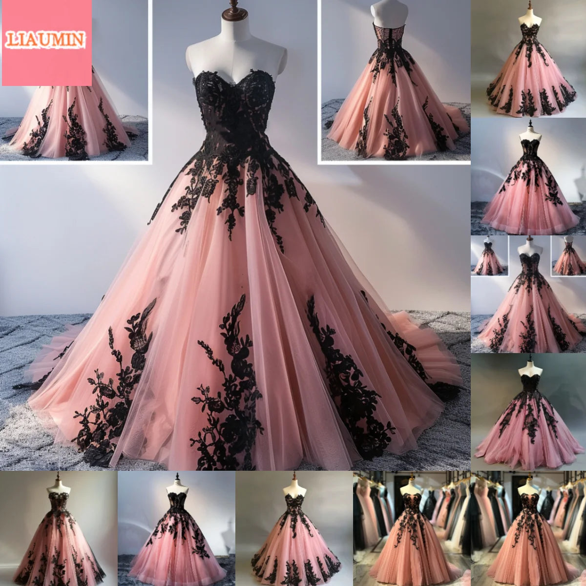 Pink Tulle And Black Applique Strapless Full Length Lace Up Back Formal Prom Evening Dress Brithday Homecoming Clothing  W9-10