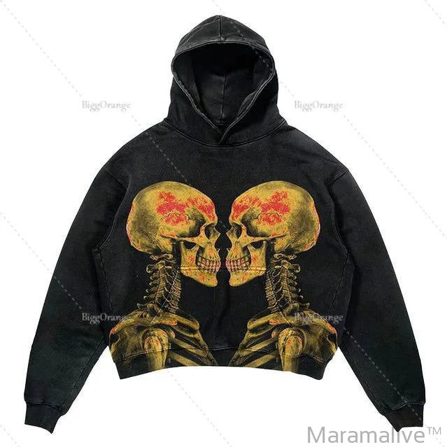 Explosions Printed Skull Y2K Retro Hooded Sweater Coat Street Style Gothic Casual Fashion Hooded Sweater Men's Female