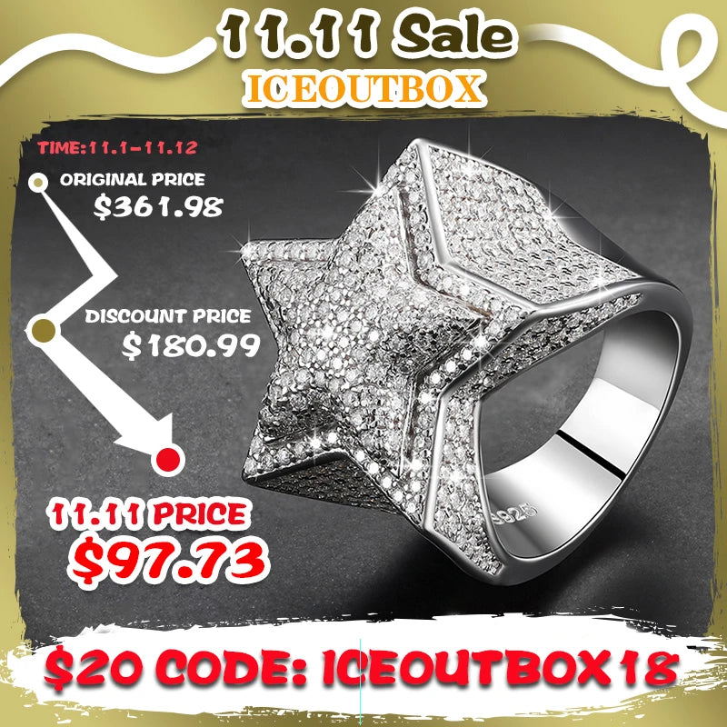 S925 Five Star Moissanite Men Rings Luxury 925 Sterling Silver Ring For Women D VVS Round Moissanite Diamond Hip Hop Jewelry