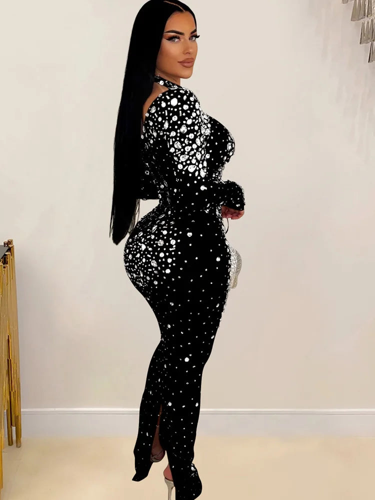 Women's Silver Rhinestones Décor Long Maxi Dress Glam See-Through Mesh Crystal Night Out Dress Birthday Outfits Vestido