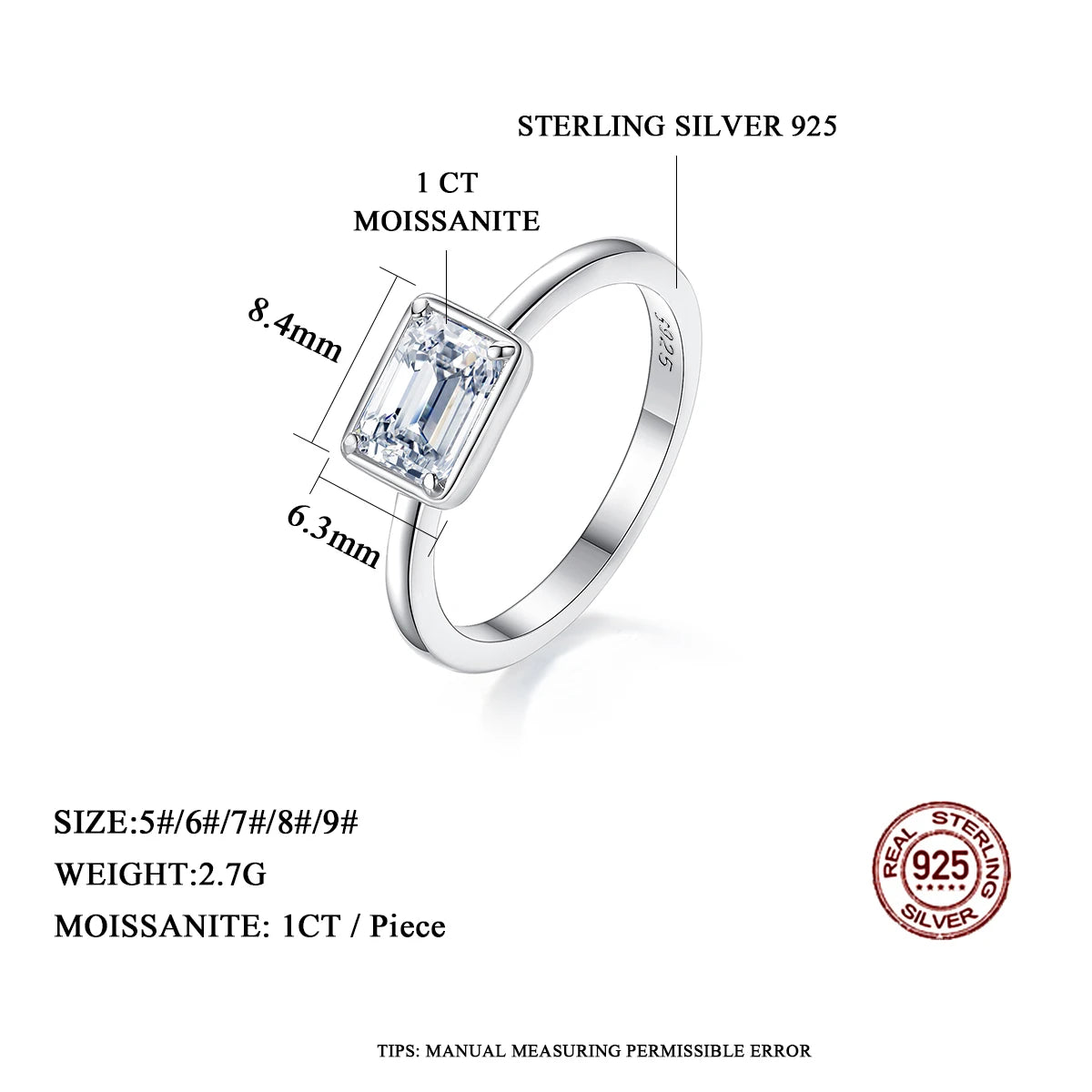 Classic Emerald Cut Moissanite Ring Eternity Sterling Silver 925 1 CT Created Diamond Engagement Wedding Rings For Women