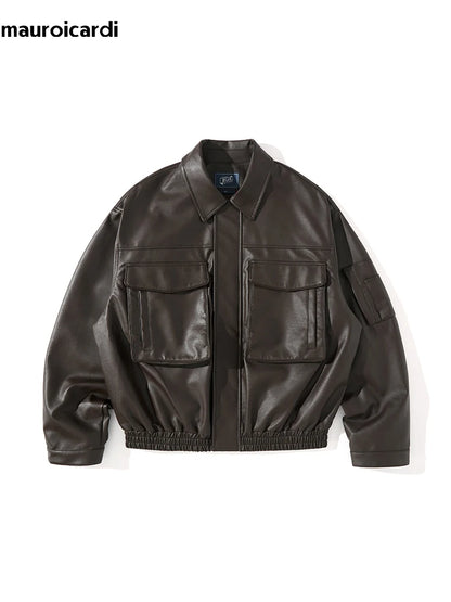 Vintage Cool Black Brown Soft Pu Leather Moto Jacket Men Zipper Pockets Luxury Designer Cargo Clothes