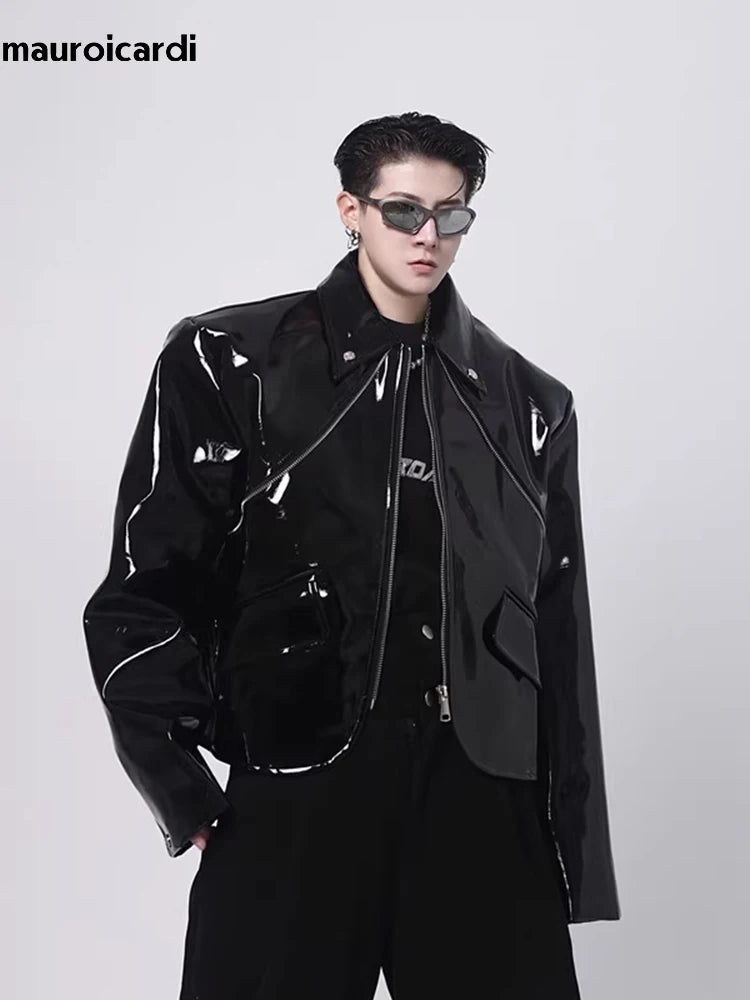 Cool Loose Short Black Shiny Reflective Patent Faux Leather Jacket Men Zipper Luxury Designer Clothes