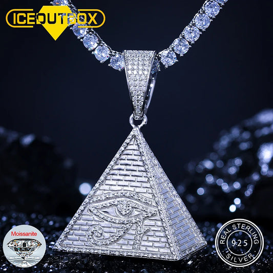 925 Hip Hop Sterling Silver Egyptian Pyramid Eye Of Horus Pendant Necklace Iced Out Micro Paved D Color Moissanite Charm Jewelry