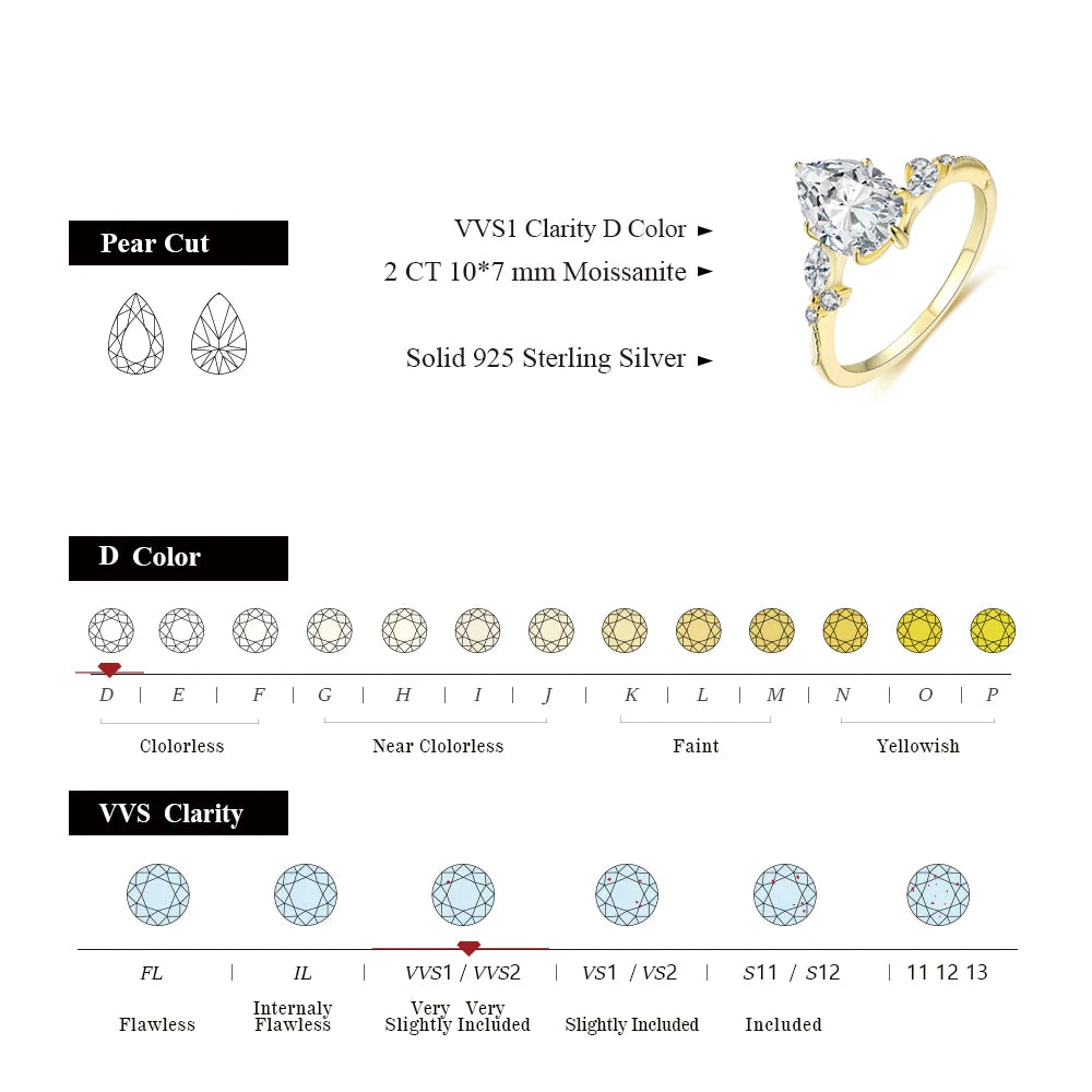Moissanite Engagement Ring 2.0CT D Color Pear Shape 7*10mm VVS1 925 14K 18K Gold for Women Fine Jewelry Gift