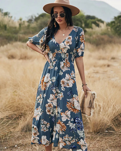 Spring And Summer Women's Clothing A-Line Short Sleeve Floral Print Dress Hight Waist Split Dresses V Neck Casual Vacation Dress