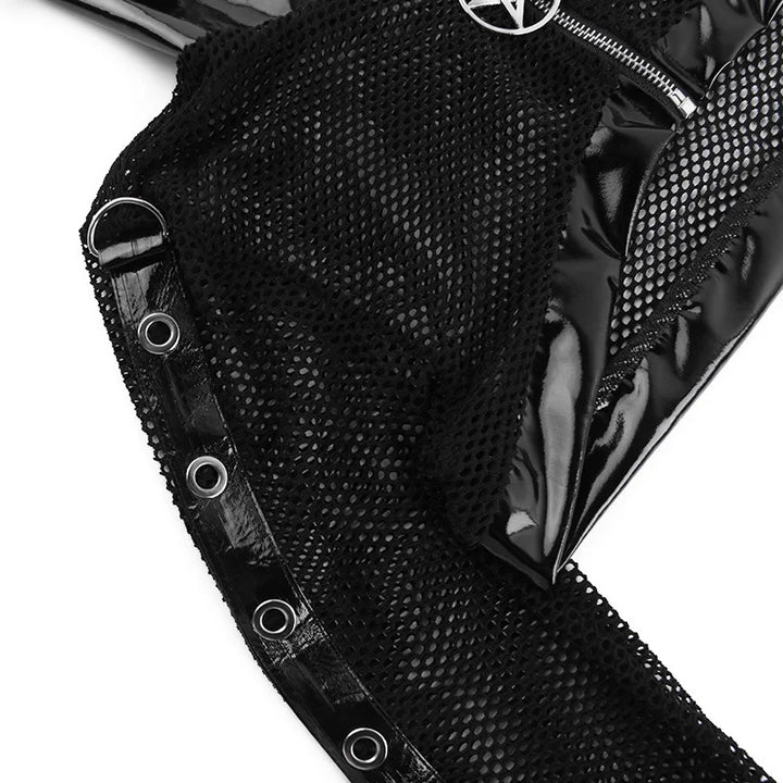 Close-up of a black mesh and shiny vinyl garment with metal eyelets and a zipper, embodying elements of Gothic fashion. Product Name: Goth Dark Grunge Punk Fishnet Zip Up Cardigans Mall Gothic Faux Pu Hooded Crop Jackets Women Sexy Streetwear Club Alt Smock Tops by Maramalive™.