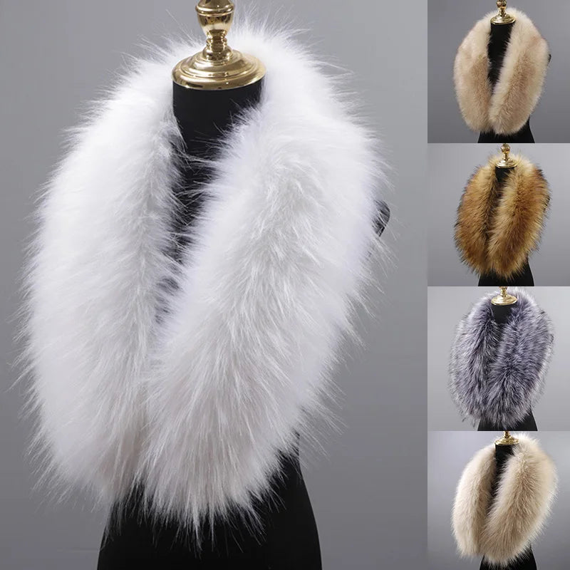 Display of five Maramalive™ Faux Fur Collar Winter Large Faux Fox Fur Collar Fake Fur Coat Scarves Luxury Women Men Jackets Hood Shawl Decor Neck Collars in different colors: white, beige, brown, gray, and black on a mannequin against a gray background. Perfect for women looking to add a touch of elegance and warmth to their winter wardrobe.