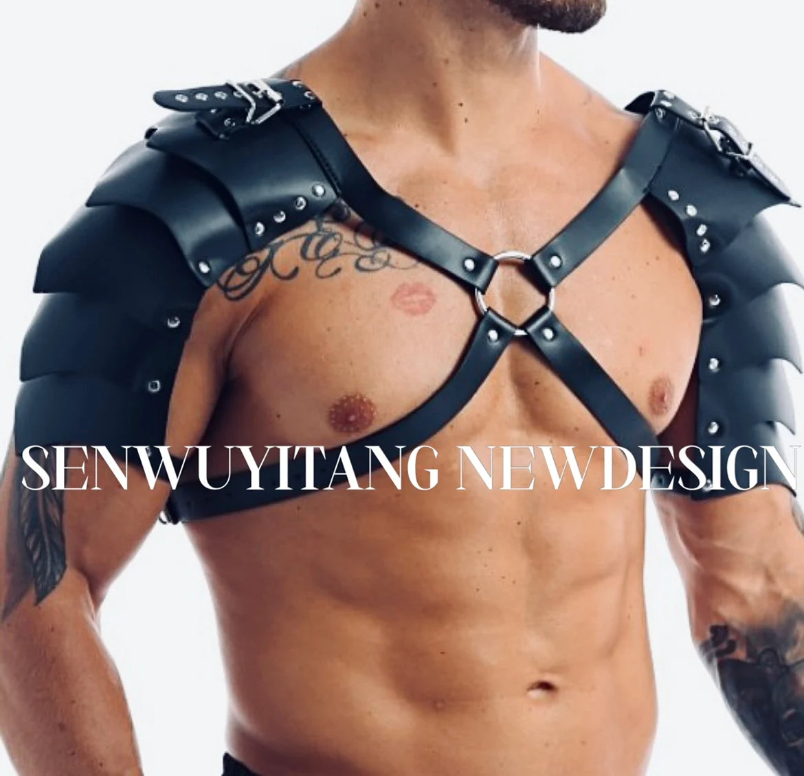 A shirtless individual wearing black leather shoulder armor with metal studs and straps, perfect for cosplay clothing. "Maramalive™ Nightclub Bar Male Singer Stage Dance Show Wear Costume DJ DS GOGO Sexy Leather Waistcoat Party Theme Performance Dress" text overlaying the image.